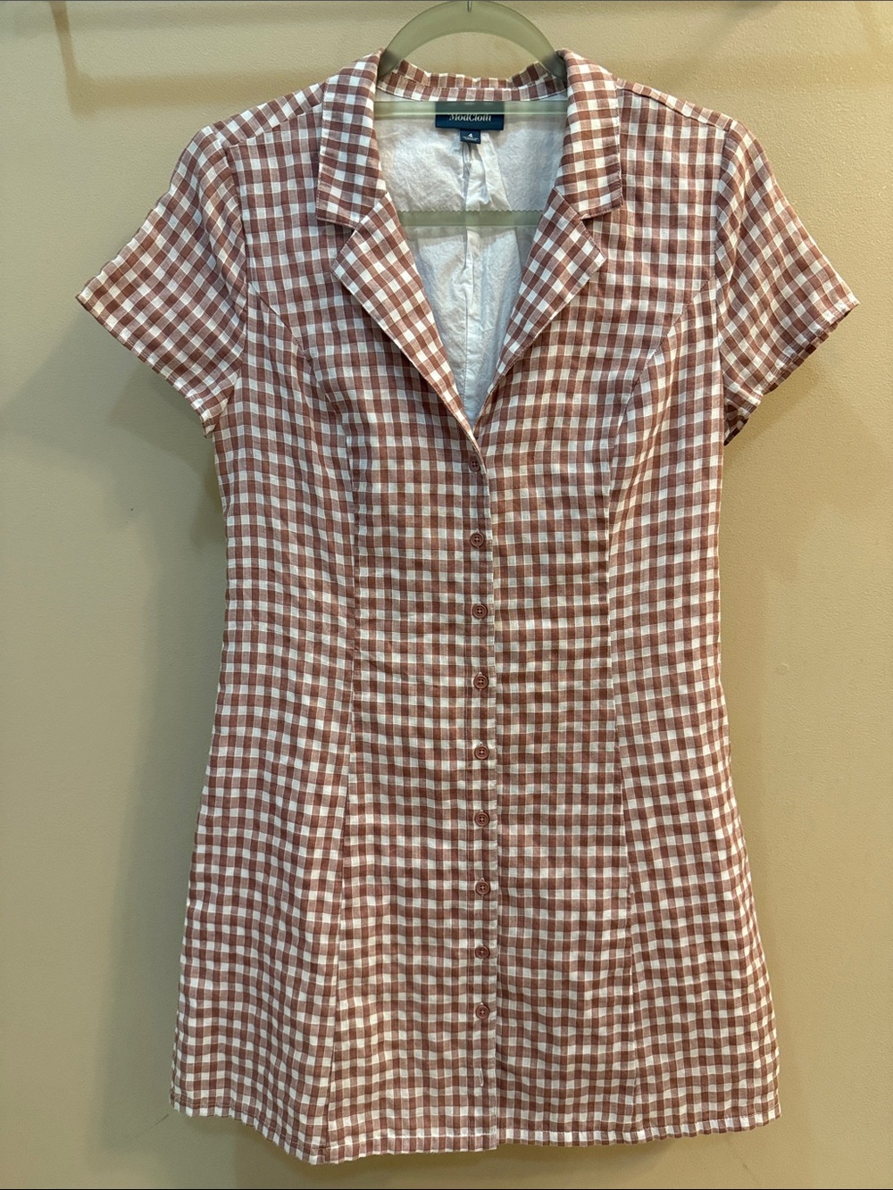 ModCloth 100% Cotton Mauve and White Gingham Button-Front Short Sleeve Dress